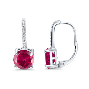 Round LeverBack Earrings Hoop Huggie Design Simulated Ruby CZ 925 Sterling Silver (22mm)